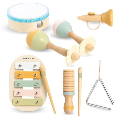 Mamabrum Musikinstrument set för barn 18 m+, Inkluderar: Xylofon, trumma, maracas, trumpet, triangel, pedagogisk leksak som stöder manuell och sensorisk utveckling, kreativt kul