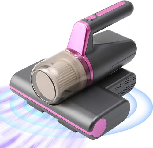 Gevvnss Aspiradora de colchón con luz UV, aspiradora de mano de 14 Kpa para camas y sofás, sensor de polvo, eliminación de ácaros, limpiador portátil inalámbrico recargable de ácaros, gris púrpura