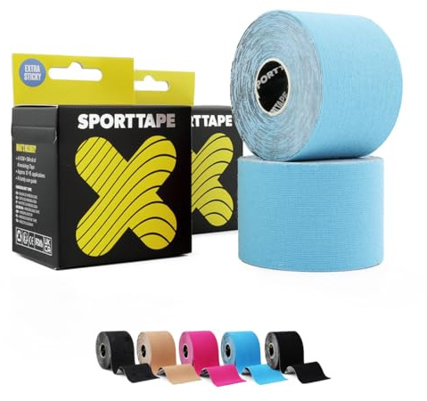 2 Rollos SPORTTAPE Cinta Kinesiológica Extra Adhesiva 5cm x 5m – Azul – Vendaje Deportivo Impermeable y Hipoalergénico para Músculos, Rodilla, Tobillo y Lesiones – Elástica y de Grado Profesional
