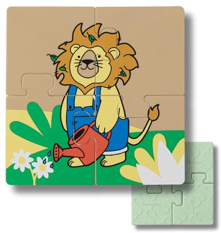 Muchmellow - Puzzle Silicone Bambini 4 Pezzi MADE in ITALY, Gioco Educativo per Sviluppo Cognitivo Prima Infanzia, Lavabile, Antistrappo, Atossico, Plastic Free, BPA Free (leone)
