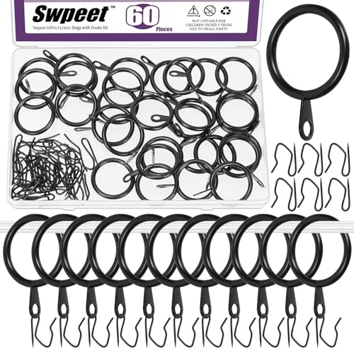 Swpeet 60Pcs 25mm/1 Inner Diameter Black Metal Curtain Ring with Pin-on Drapery Hooks Assortment Kit, Drape Sliding Eyelet Ring Metal Curtain Hooks, for Window Door Shower Curtain