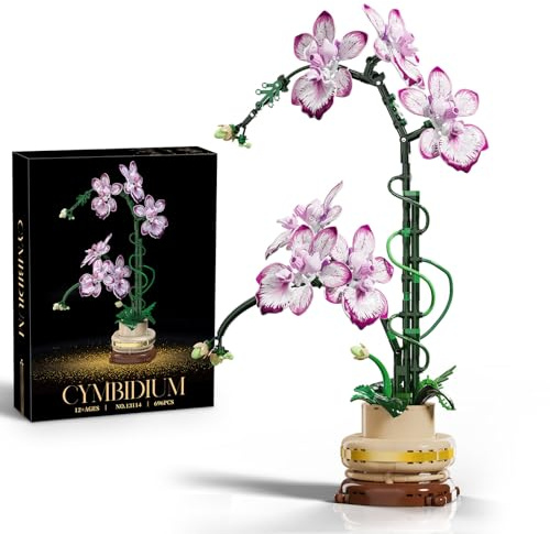 Bibykivn orkidé blomma byggstenar byggsats, orkidéer bonsai klämbyggstenar, botanisk samlingsmodell för att dekorera ditt hemmakontor, presenter till kvinnor och män