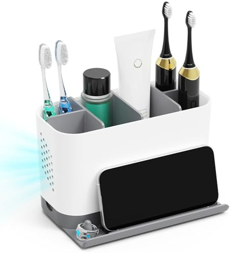 Portaspazzolino con apertura per cavo regolabile 6 scomparti per spazzolino da denti e dentifricio, organizer da bagno rimovibile per piano di lavoro con ripiano anteriore per smartphone e anelli