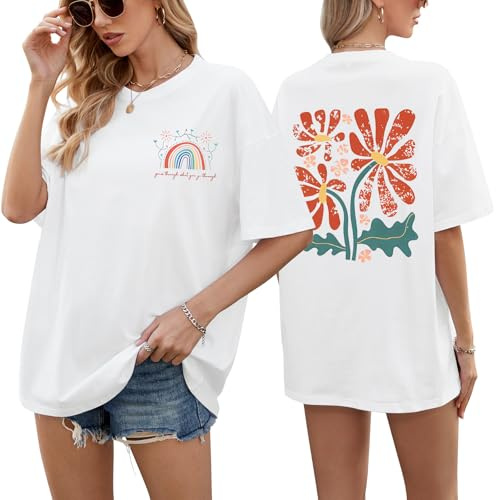 PASUDA T Shirt Femme Oversize Très Large Teeshirt Col Rond Coton T Shirts à Manches Courtes Chic Imprimés Top Femme Grande Taille Haut Femme Ete