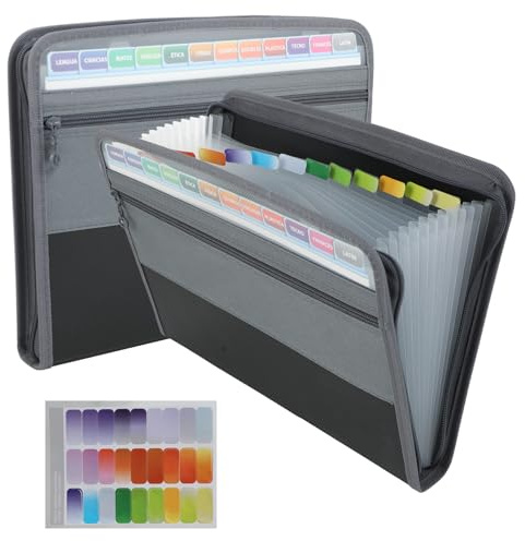 Carpeta Expandible A4, 13 Bolsillos Carpeta Clasificadora, Portátil Acordeón Clasificador Documentos, Organizador de Archivos con 13 Bolsillos con Etiquetas de Colores (gris)