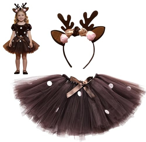 Generisch Costume da renna da ragazza, tutù, con fascia in legno, per cosplay, carnevale, feste di compleanno, spettacoli sul palco, per feste di compleanno, spettacoli sul palco e per