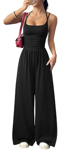 LIAMERHE Mono Largo Mujer Verano Elegante Sexy Cuello Halter Espalda Descubierta Pantalón de Pata Ancha Cintura Alta Casual Jumpsuit para Fiesta Boda Playa Overalls Moda Playsuit Negro L