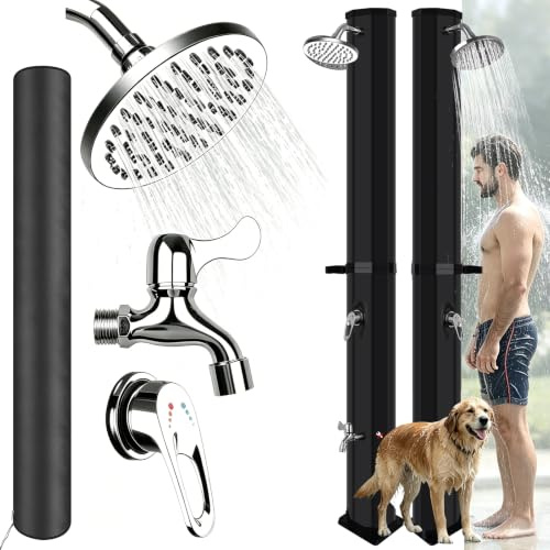 Ducha Solar Exterior 60 litros - Ducha Exterior Jardin Piscina con Rociador Giratorio y Grifo de pie, Temperatura Ajustable Hasta 60°C, Ducha de jardín para Piscina Patio Con Cubierta Antipolvo