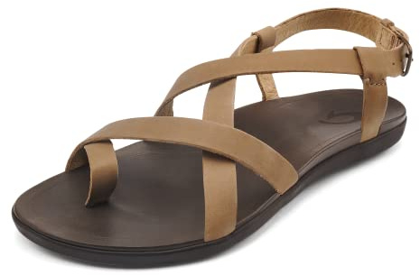 OLUKAI Upena Women's Strappy Beach Sandal, Lightweight & Durable Design, Water Resistant Slides for All-Day Comfort & Style, Golden Sand/Golden Sand, 5