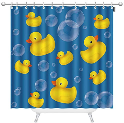 HOSNYE Gummi-Enten-Duschvorhang, 152,4 x 183,9 cm, Seifenblasen auf blauem Polyester, Stallvorhänge mit Haken für Badezimmer, Dusche