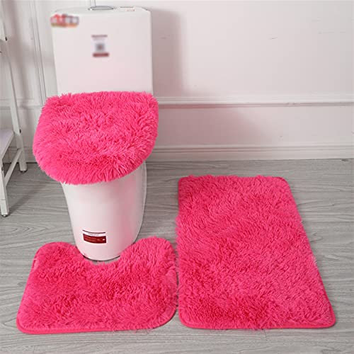 Lifup Badteppich Set 3 Teiliges, rutschfeste Shaggy Badematte, Flauschig Contour Badteppich, Langflor Toilettensitzbezug Fuchsie