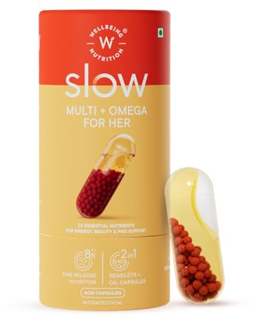 Wellbeing Nutrition Slow | Multivitamin for Her | 100% RDA of 22 Essential Vitamins & Minerals | Astaxanthin & Cranberry in Vegan Omega Oil | Energy, Immunity, Skin & Hair, PMS Support (60 Capsules)