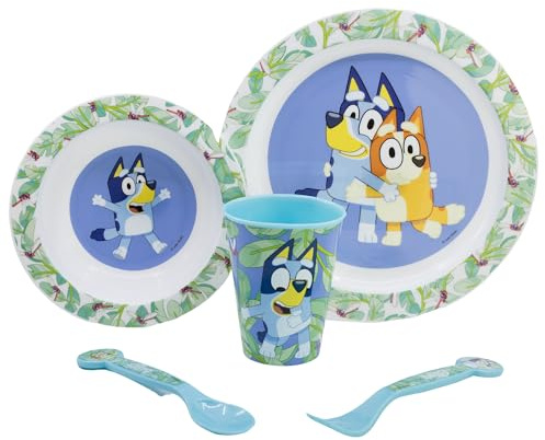 SET MICRO 5 PCS (PLATO, CUENCO, VASO Y CUBIERTOS) EN CAJA BLUEY