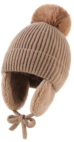 Jungerhouse Bonnet d'hiver Garçon Fille Chapeaux Pompon Tricotés Chauds Enfant Casquette Doublée en Polaire avec Cache-Oreilles 2-8 Ans (Brun,Taille Unique)