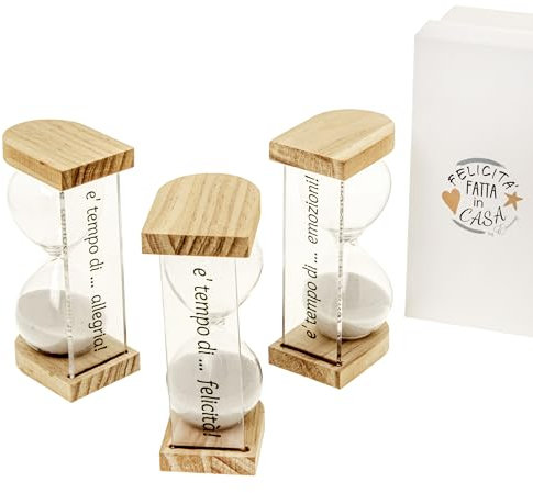 1 PZ PLEXI Clessidra in Vetro Base Legno con Frase H.11,5 3ASS. con Scatola BOMBONIERA Idea Regalo Matrimonio Comunione