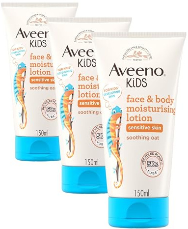 Aveeno Kids Moisturising Face & Body Lotion (3 x 150ml), Non-Greasy Body and Face Moisturiser With Gentle Fragrance, Kids' Moisturising Lotion Suitable for Sensitive Skin