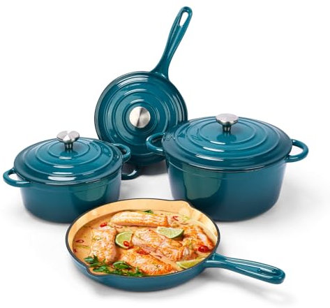 Enameled Cast Iron Cookware Set, 7 Piece Set of Dutch Ovens, Sauce Pan, Skillet, 3 Lids, Dutch Oven Set, Nonstick Ceramic Coated, Gas/Induction Compatible, PFA Free, Come with Organizer, Biscay Blue
