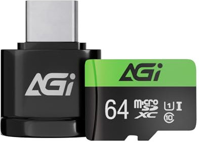 AGI TF138 MicroSD 64 GB 3 in 1 con Lettore di schede MicroSD scheda e adattatore SD, Tipo C USB 2.0 OTG Lettore di schede di memoria per PC, laptop, smartphone