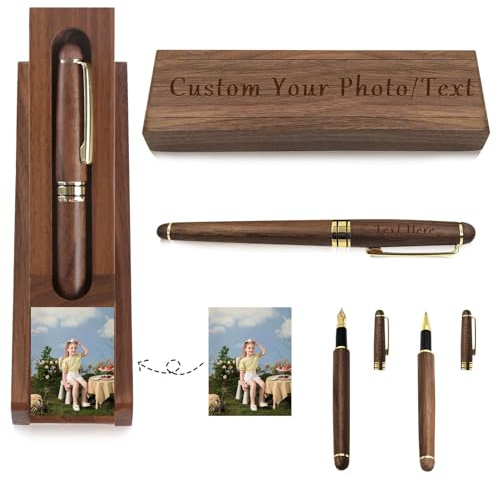 Générique Stylo Personnalisé, Stylo Personnalisable, avec Photo et Texte Gravé Personnalisé, Stylo Bois+Coffret Cadeau, Offrez un Cadeau Utile et Unique/Anniversaire/Gravure prénom (stylo-plume)