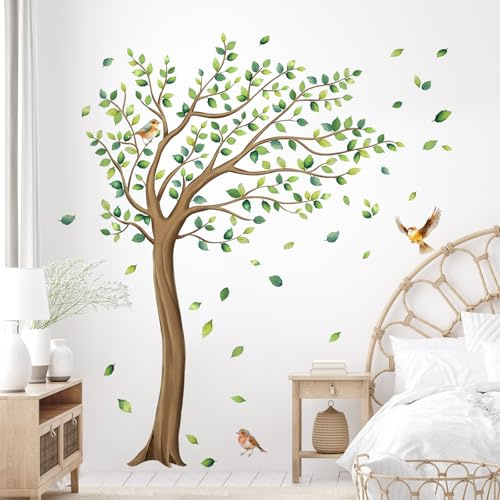 Tanlaby Large Tree Wall Stickers Green Leaves Birds Wall Decals | Vinyl Removable Peel and Stick Falling Leaf Art Decor for Kids Girls Nursery Bedroom Living Room Kindergarten (H: 163CM)