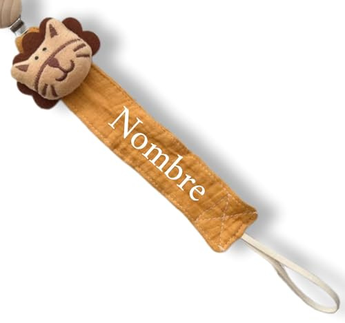 TetebyNoa - Chupeteros Personalizados con el Nombre de su Bebe. Seleccione Color, Diseño y Nombre de la Cadena del Chupete. Sujetachupetes Seguros y Divertidos. (Tela León)