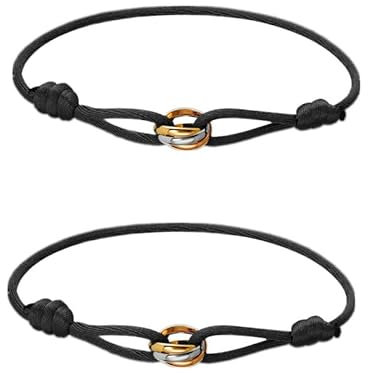Azlanway Segeltau Damen Armband Tricolor, 2 Stück Paar-Armband, Kordelarmband mit Edelstahl Ring in Silber, Gold & Roségold, Freundschaftsarmbänder, Einstellbares Handgelenk Armbänder, Schwarz