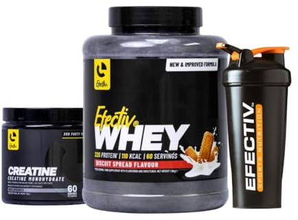 EFECTIV Protein Bundle - 1.8kg Protein Powder, 300g Creatine Monohydrate & Shaker Bottle - 22g Protein Per Serving, Supports Recovery, Whey Nutrition Protein (1.8kg, Biscuit Spread)
