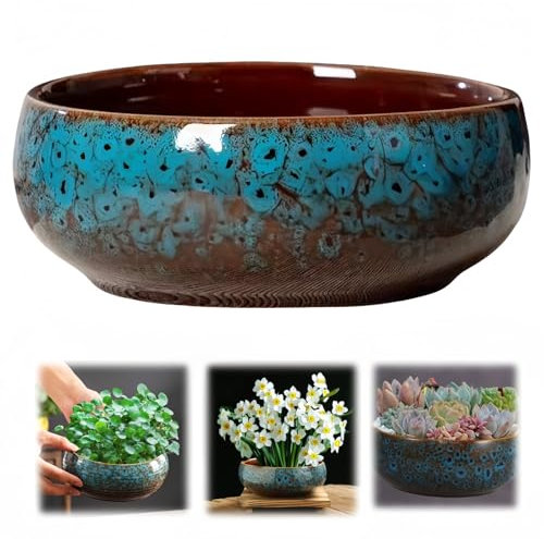 Lotus Bowl Planter,Ceramic Lotus Flower Bowl,Large Caliber Flow Glaze Daffodil Pot,Lotus Water Lily Succulent Household Simple Ceramic Basin,Sacred Bonsai Hydroponic Container