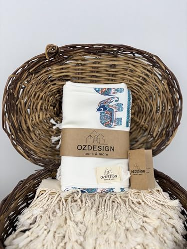 OZDESIGN Turkish Peshtemal Towel – 95x175 cm, Cotton Viscose Blend, Lightweight & Quick Dry, Serigraph Printed Hammam Towel for Bath, Flores Elephant Print