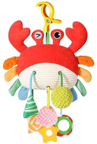 Ivrmtal Car Seat Toys for Babies, Crab Baby Toys 0-6 Months Infant Carseat Hanging Stroller Accessories Sensory Newborn Easter Gift 1 2 3 4 5 6 Month Old Boy Essentials Stuff with Clip, Rattle, Mirror