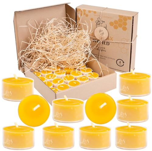 BeesWax World 100% bivaxljus – bivaxvärmeljus med bomullsvekar – 4 timmars brinntid – 10–50 delars ljusset – bivaxljus med återvunnen plast (25, genomskinlig)