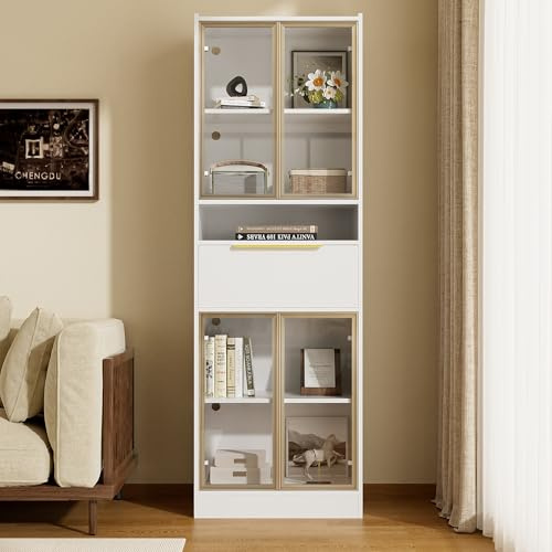 Moderno Armadio Alto Bianco con LED a 16 Colori e Bluetooth – 60×35×180 cm – Vetrina con Frontale in Vetro e Cassetto – Spazio di Archiviazione e Illuminazione per Soggiorno, Ufficio o Camera da Letto