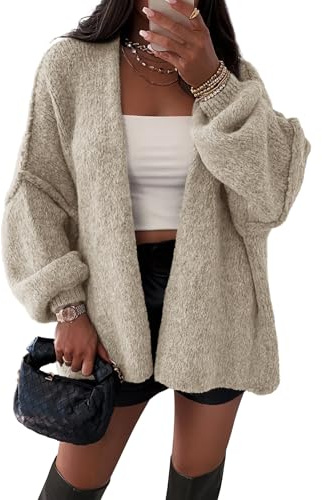 ATHMILE Womens Fall Oversized Cardigan Sweaters Long Lantern Sleeve Knit Open Front Lightweight Winter Fashion Clothes 2026 Grey Beige