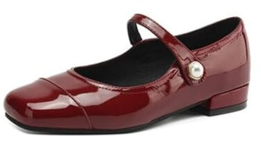 Bailarinas Mary Jane para Mujer Cuero Patentado Hebilla De Perla Punta Cuadrada Tacones Bajos Gruesos Slip on Zapatos Casual Vestido Fiesta Oficina,Wine Red,37 EU
