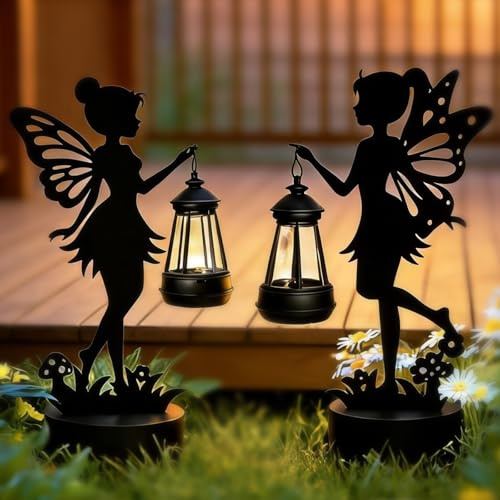 Indrnif 2 PCS Estatua de Hada de Hierro con Luces Solares para Adornos al Aire Libre para Jardín, Estatua de Jardín Impermeable para Patio, Decoración de Jardín para Patio