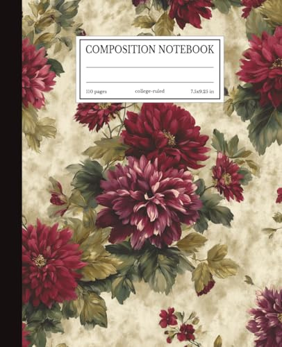 Burgundy Dahlia Flowers Composition Notebook | Vintage Floral Design | 7.5x9.25 in | 110 Pages | College Ruled Lines
