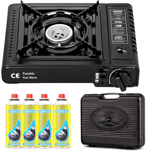 Greenfields Portable Camping Stove Gas Cooker with Piezo Ignition, Compact Butane Burner with Carry Case, Adjustable Flame Outdoor Cooking Stove Camping Picnic Travel (Camping Stove + 4 Butane Gas)
