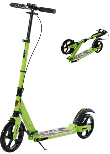 HOMCOM Kick Scooter, Folding 2 Wheel Scooter with Dual Brake System, Dual Suspension, 230mm Big Wheels and 3 Adjustable Handlebar, for 14+ Teens Adults, up to 100KG, Green