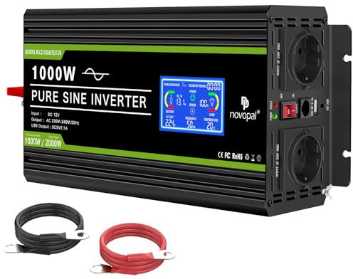 NOVOPAL 1000W Onda Sinusoidale Pura Power Inverter DC 12v in AC 220v con Display LCD Intelligente-2 EU Presa con Uscita USB and 5 Metri di Telecomandoper per Camion Camping Macchina da Ca