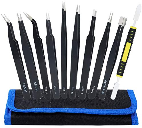 Pinzas de Precisión 10 Piezas Pinzas Antiestáticas de ESD para Electrónicas Joyería Laboratorio Ceja Belleza con Punta Redonda Plana