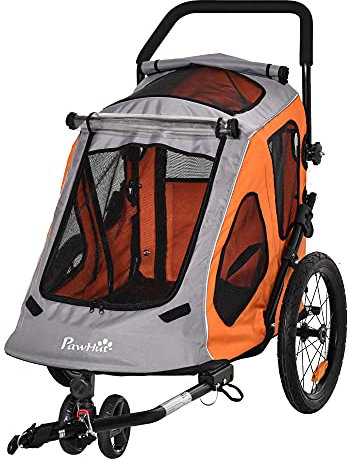 PawHut Dog 2-in-1 Foldable Bike Trailer with Hitch Coupler, Reflectors, Safety Harness, Quick Release Wheels, 600D Oxford Fabric for Medium Dogs, Orange
