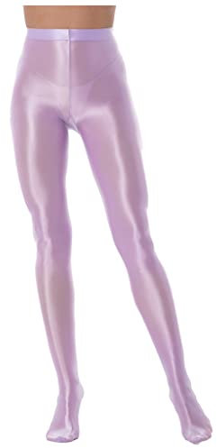 Mufeng Damen Nylon Strumpfhosen Glänzend Leggings Strümpfe mit Fußteil Tanzstrumpfhose Lange Hose Slim Fit Leggins Reizwäsche A Hell Lila XL