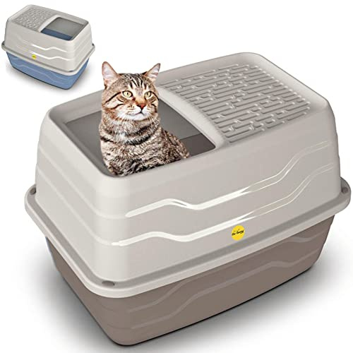 CAT CENTRE Beige Top Entry Litter Tray Extra Deep Covered Dog-Proof Toilet Box Enclosed High-Spraying Cats XL Loo Pan Raised Sides Anti-Spillage Multi-Pet Households Rounded Corners