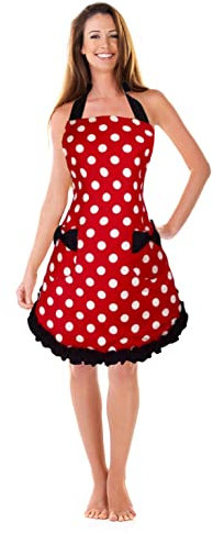 Damenschürze süße schwarze Spitze Rot weiße Tupfen Dot Ladies Kitchen Kochschürze, geeignet für alle Arten von Gartenfloristen, tägliches Kochen, Backen, Reinigungsschutz zu Hause