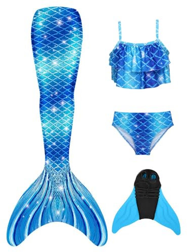 BAWADE Meerjungfrauenflosse Mädchen Meerjungfrau Flosse mit Bikini Setfür Kinder und Monoflosse（4 Stück）