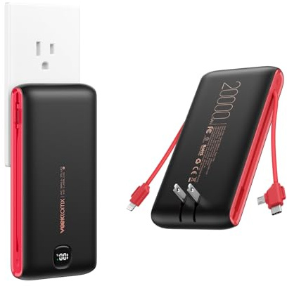 VEEKTOMX Portable Charger with Built in Cables 20000mAh, Power Bank for iPhone with AC Wall Plug, Fast Charging USB C Slim Battery Pack with LED Display Compatible with iPhone 17/16/15, Samsung