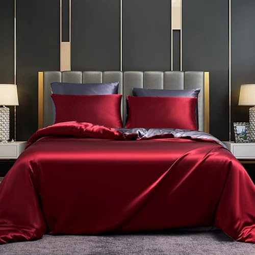 DXHOME Bettwäsche 220x240 Satin Glanzsatin Seide Aesthetic Rot Grau Uni Wendebettwäsche Bettwäsche Set Mikrofaser Bettbezug mit Reißverschluss und 2 Kissenbezüge 80x80cm