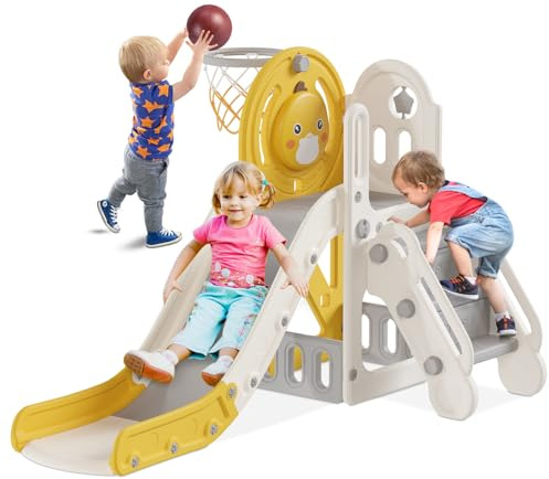 BIERUM 5 in 1 Toddler Slide, Baby Slide for Toddlers Age 1-3 with Basketball Hoop, Indoor Outdoor Backyard Playground Cute Duck Theme Playset Yellow