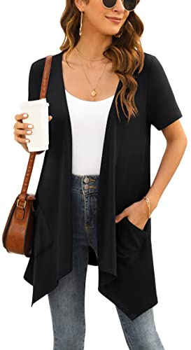 Yommay Cárdigan largo de verano de manga corta para mujer elegante cárdigan ligero informal con bolsillo dobladillo alto bajo