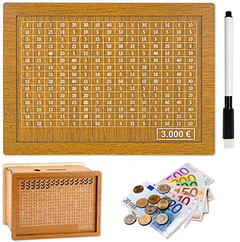 Atuoxing Spardose Holz, Sparbox mit Zähler zum Ankreuzen Wiederverwendbare, Sparschwein aus Holz für Erwachsene und Kinder mit Sparziel (3000€)